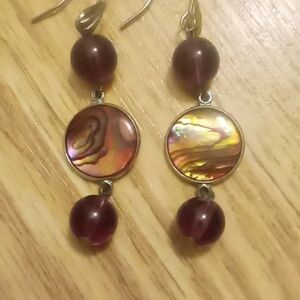 Purple fashion. Dangle earrings - purple beads & opal-like middle piece